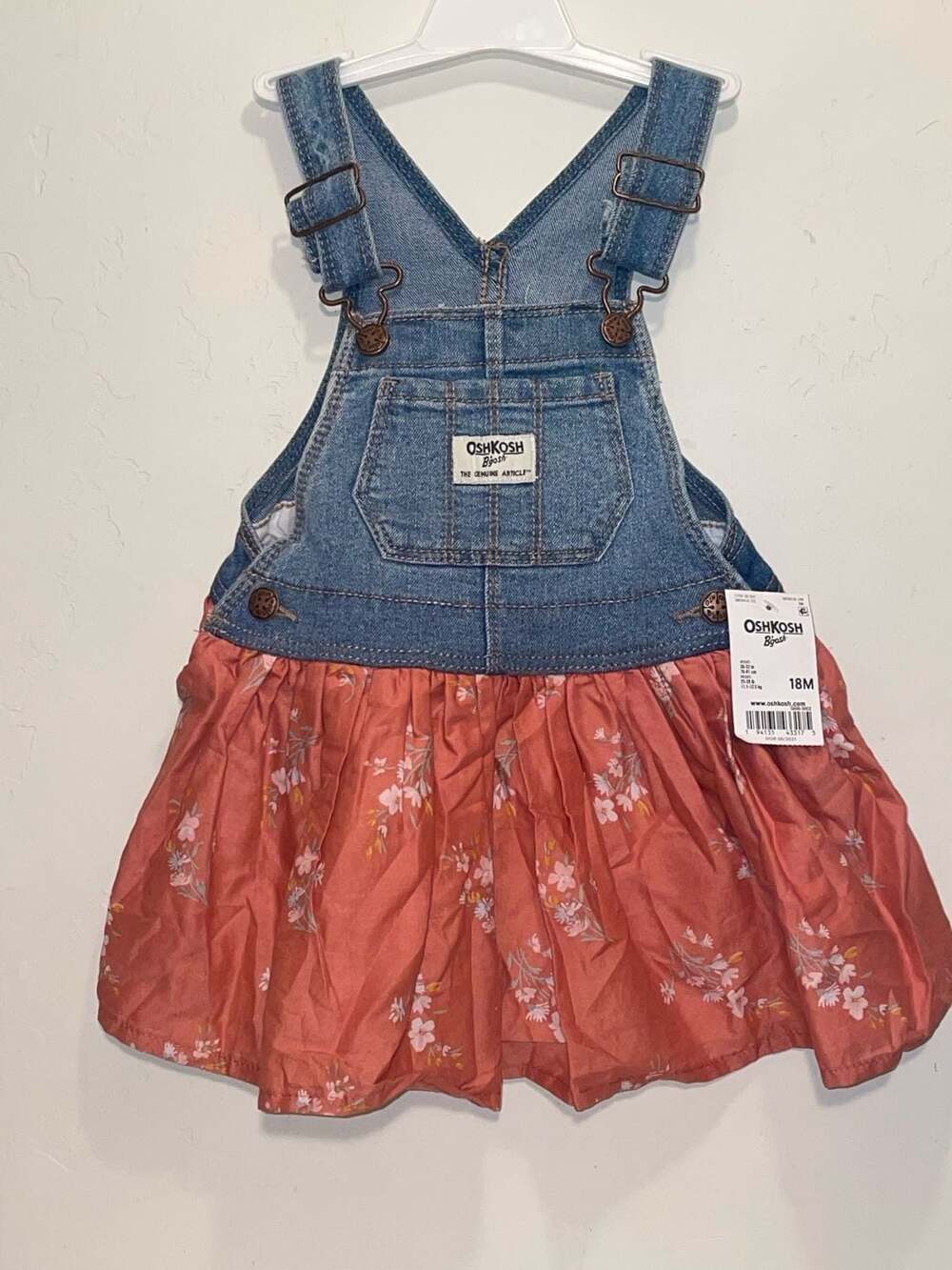 OshKosh B'gosh Denim Overall Dress Floral‎ Skirt 18M